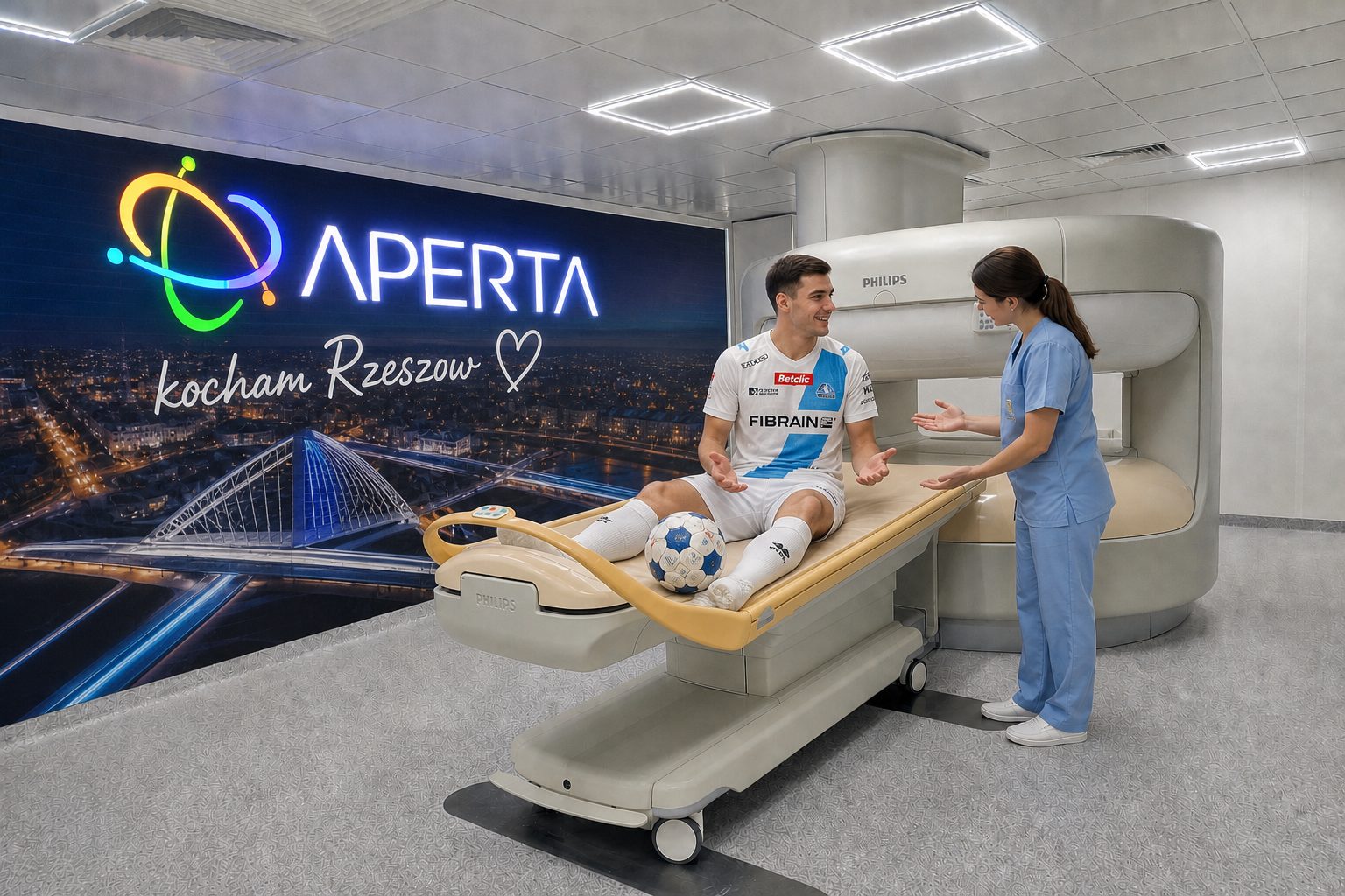 Pacjent w stroju piłkarza siedzi w sali otwartego rezonansu magnetycznego APERTA Rzeszów – MRI dla piłkarzy